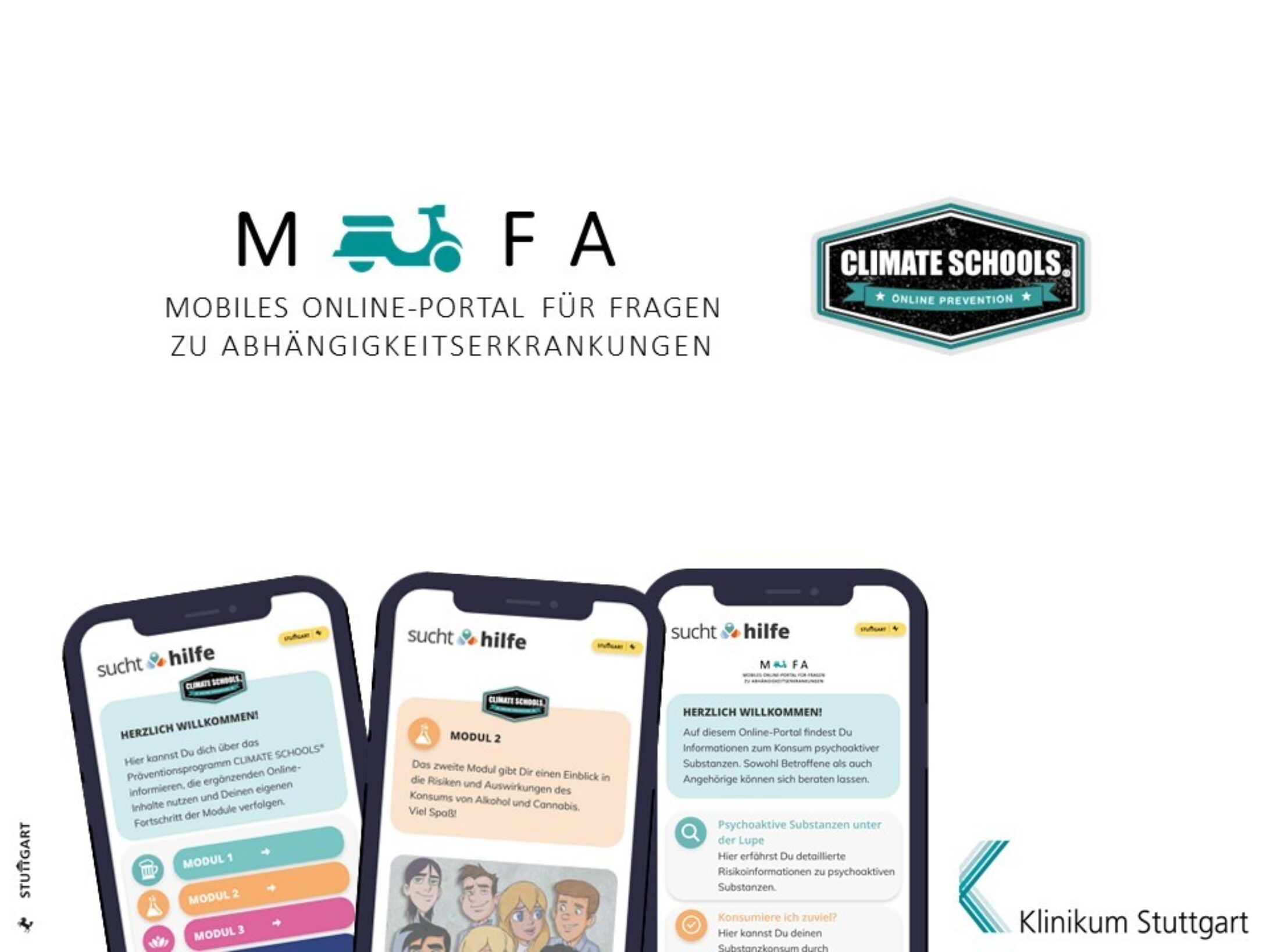 Im oberen Bereich des Bilds ist das Projektlogo "MOFA" und "CLIMATE SCHOOL" zu sehen. Im unteren Teil des Bildes sind drei Smartphones zu sehen, auf denen jeweils exemplarisch das mobile Onlineportal dargestellt ist.